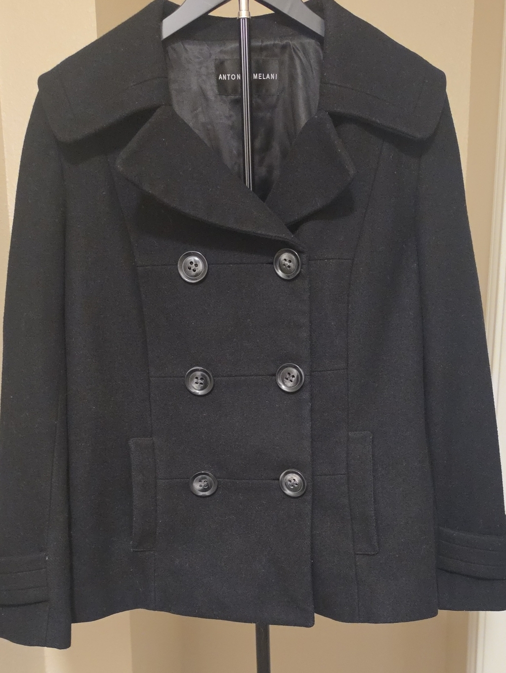 Antonio Melani Black Double-Breasted Pea Coat Size 12 Like New